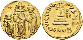 Heraclius, with Heraclius Constantine and Heraclonas, 610-641. Solidus (Gold, 20 mm, 4.51 g, 6 h), Constantinopolis, 632-635 (?). Heraclius and Heracl...