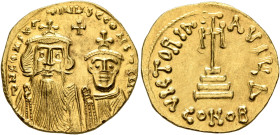Constans II, with Constantine IV, 641-668. Solidus (Gold, 20 mm, 4.25 g, 6 h), Constantinopolis, circa 654-659. δ N CONSTANTINЧS C CONSTANT Crowned an...
