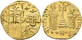 Constans II, with Constantine IV, Heraclius, and Tiberius, 641-668. Solidus (Gold, 19 mm, 4.36 g, 7 h), Constantinopolis, circa 661-663. Facing bust o...
