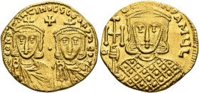 Constantine V Copronymus, with Leo IV, 741-775. Solidus (Gold, 20 mm, 4.35 g, 6 h), Constantinopolis, circa 757-775. COҺSTAҺTIҺOS S LЄOҺ ҺOҺЄS Crowned...