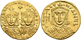 Constantine V Copronymus, with Leo IV, 741-775. Solidus (Gold, 20 mm, 4.46 g, 6 h), Constantinopolis, circa 757-775. COҺSTAҺTIҺOS S LЄOҺ ҺOҺЄS Crowned...