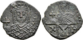 Constantine VI & Irene, 780-797. Follis (Bronze, 20 mm, 2.37 g, 6 h), Constantinopolis, 792-797. Facing bust of Irene, wearing crown and loros, holdin...