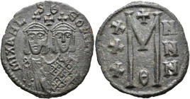 Michael II the Amorian, with Theophilus, 820-829. Follis (Bronze, 30 mm, 7.43 g, 6 h), Constantinopolis. MIXAHL S ΘЄOFILOS Facing busts of Michael II,...