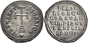 Basil I the Macedonian, with Constantine, 867-886. Miliaresion (Subaeratus, 23 mm, 2.52 g, 12 h), Constantinopolis. IҺSЧS XRISTЧS ҺICA Cross potent se...