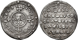 John I Zimisces, 969-976. Miliaresion (Silver, 23 mm, 3.27 g, 6 h), Constantinopolis. + IҺSЧS XRI-STЧS ҺICA ✷ Cross crosslet set upon globe above two ...