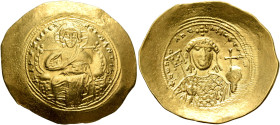 Constantine IX Monomachus, 1042-1055. Histamenon (Gold, 28 mm, 4.35 g, 6 h), Constantinopolis. +IhS XIS RЄX RЄςNANTIҺm Christ, nimbate, seated facing ...