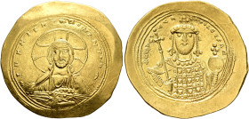 Constantine IX Monomachus, 1042-1055. Histamenon (Gold, 27 mm, 4.36 g, 6 h), Constantinopolis. +IhS XIS RЄX RЄςNANTIҺm Nimbate bust of Christ facing, ...