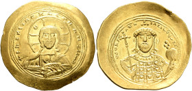 Constantine IX Monomachus, 1042-1055. Histamenon (Gold, 28 mm, 4.38 g, 6 h), Constantinopolis. +IhS XIS RЄX RЄςNANTIҺm Nimbate bust of Christ facing, ...