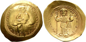 Constantine X Ducas, 1059-1067. Histamenon (Gold, 26 mm, 4.39 g, 6 h), Constantinopolis. +IҺS IXS REX REGNANTIҺm Christ, nimbate, seated facing on str...