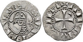 CRUSADERS. Antioch. Raymond-Roupen, 1216-1219. Denier (Silver, 18 mm, 0.92 g, 3 h). ✠ R•V•P•I:N•V:S Helmeted head of a knight to left flanked by cresc...