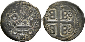 CRUSADERS. Lordship of Mytilene. Francesco I Gattilusio, 1355-1384. Denier (Bronze, 17 mm, 0.75 g, 1 h). Castle tournois surrounded by pellets and ros...
