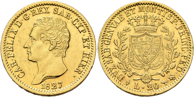 ITALY. Sardegna (Regno). Carlo Felice, 1821-1831. 20 Lire 1827 L (Gold, 21 mm, 6...