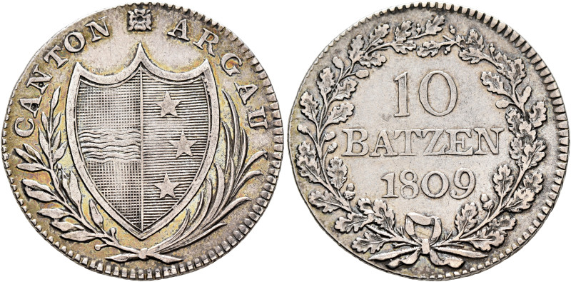 SWITZERLAND. Aargau, Kanton. 10 Batzen 1809 (Silver, 28 mm, 7.34 g, 6 h), variet...