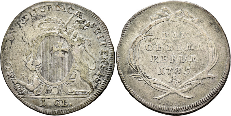 SWITZERLAND. Schwyz. Gulden 1785 (Silver, 34 mm, 10.64 g, 12 h). MONETA REIPUBLI...