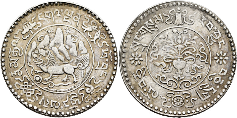 TIBET. 3 Srang BE 1610 = 1936 (Silver, 31 mm, 10.90 g, 1 h), Lhasa. དགའ་ལྡན་ཕོ་བ...