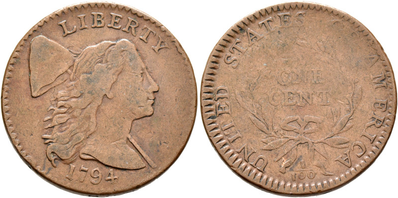 UNITED STATES. 1776-pres. Cent 1794 (Copper, 28 mm, 13.05 g, 6 h), double-lock v...