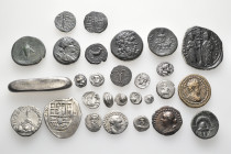 A lot containing 28 silver and bronze coins. Including: Greek, Roman Provincial, Byzantine and World. Fine to about extremely fine. LOT SOLD AS IS, NO...