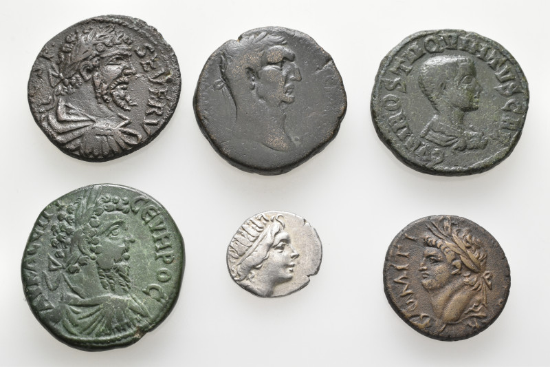 A lot containing 6 silver and bronze coins. Including: Greek and Roman Provincia...