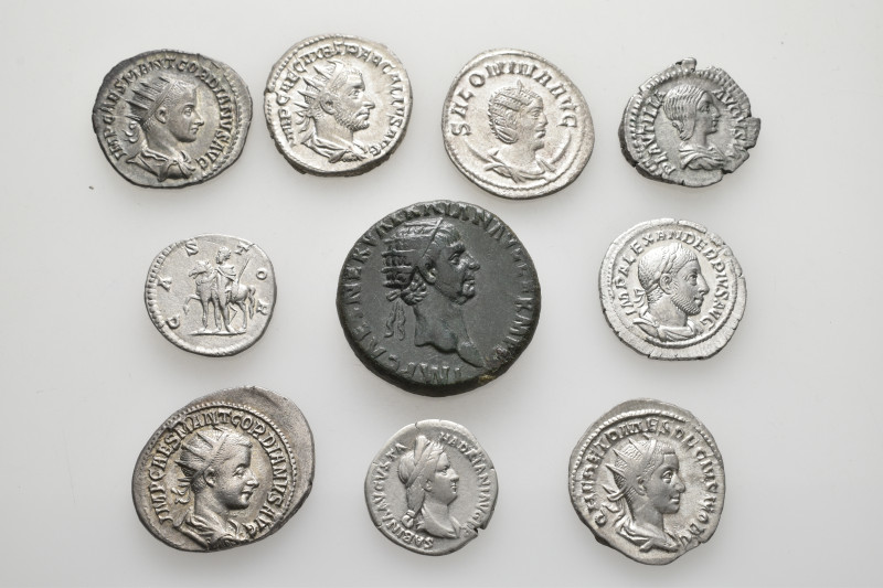 A lot containing 10 silver and bronze coins. All: Roman Imperial. Very fine to a...
