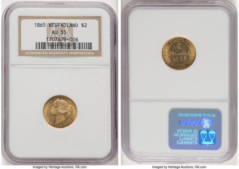 Newfoundland. Victoria gold 2 Dollars 1865 AU55 NGC, London mint, KM5. HID098012...