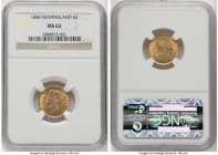 Newfoundland. Victoria gold 2 Dollars 1888 MS62 NGC, London mint, KM5. A sensuous Mint State piece with grade-defining abrasions but impressively sati...