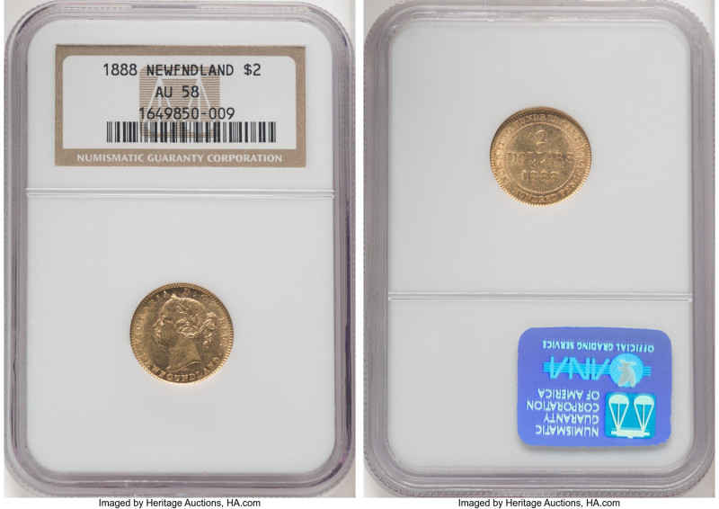 Newfoundland. Victoria gold 2 Dollars 1888 AU58 NGC, London mint, KM5. HID098012...