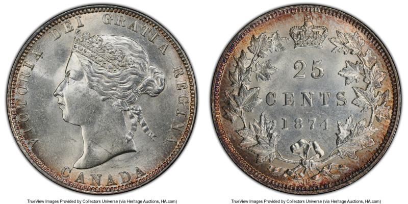 Victoria 25 Cents 1874-H MS63 PCGS, Heaton mint, KM5. While common in most condi...