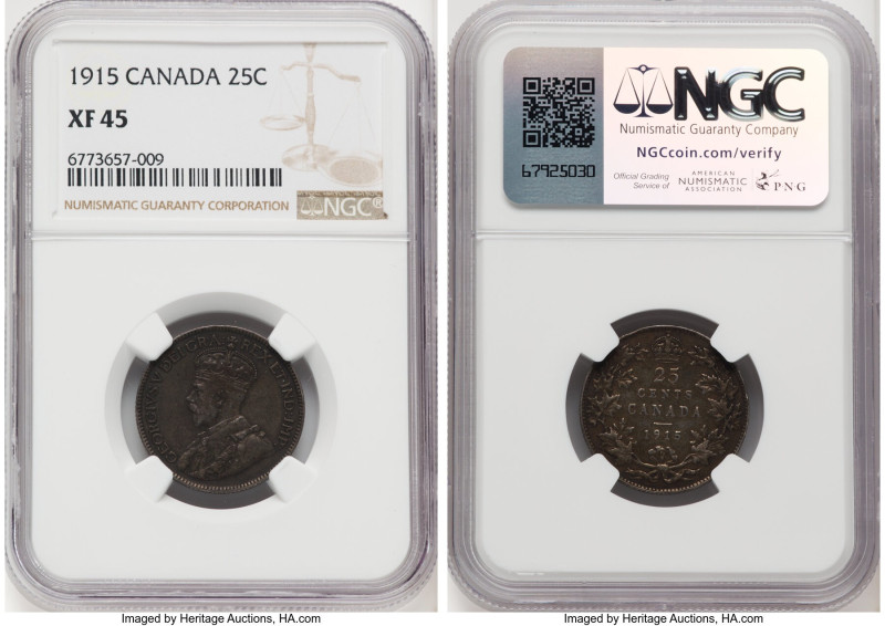 George V 25 Cents 1915 XF45 NGC, Ottawa mint, KM24. A definitively elusive issue...