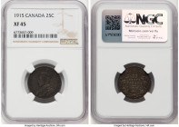 George V 25 Cents 1915 XF45 NGC, Ottawa mint, KM24. A definitively elusive issue that we are offering here in any grade for the first time since 2021....