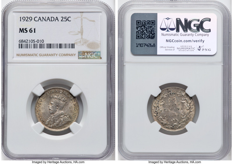 George V 25 Cents 1929 MS61 NGC, Ottawa mint, KM24a. HID09801242017 © 2024 Herit...