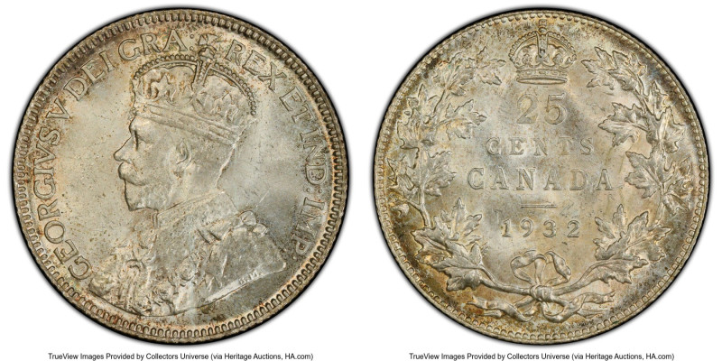 George V 25 Cents 1932 MS65 PCGS, Royal Canadian mint, KM24a. A splendid Gem Min...