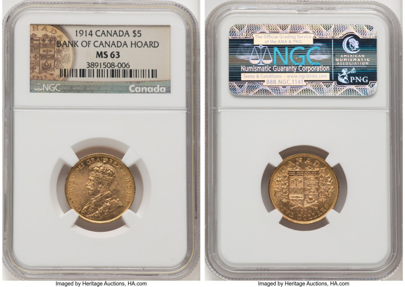 George V gold 5 Dollars 1914 MS63 NGC, Ottawa mint, KM26. Bank of Canada Hoard. ...