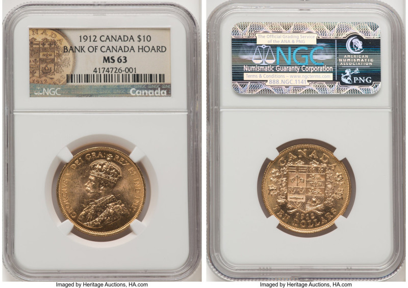 George V gold 10 Dollars 1912 MS63 NGC, Ottawa mint, KM27. Bank of Canada Hoard....