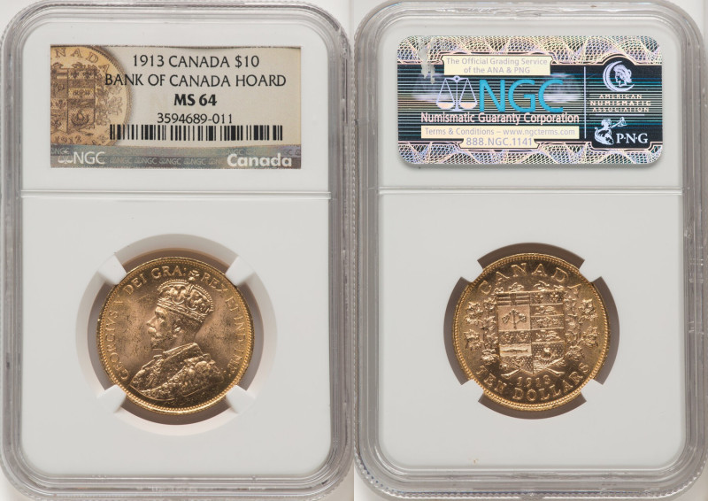 George V gold 10 Dollars 1913 MS64 NGC, Ottawa mint, KM27. Bank of Canada Hoard....