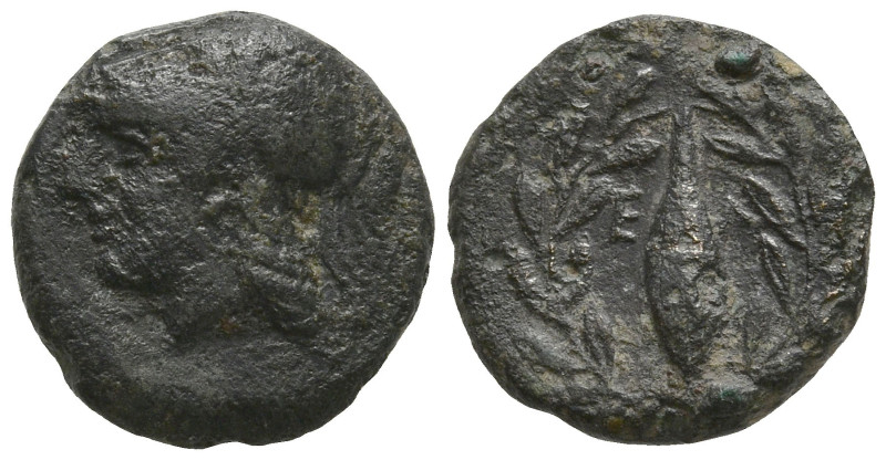 AEOLIS. Elaia. (Circa 340-300 BC).
AE Brozne (10.1mm 1g)
Obv: Helmeted head of...