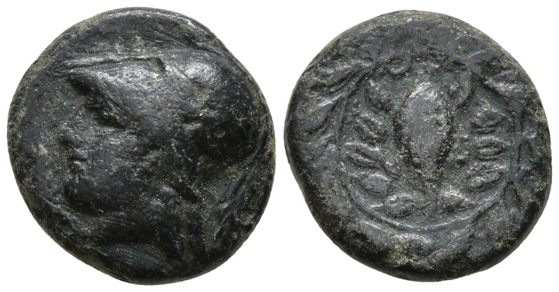 AEOLIS. Elaia. (Circa 340-300 BC).
AE Bronze (10.8mm 1.39g)
Obv: Helmeted head...