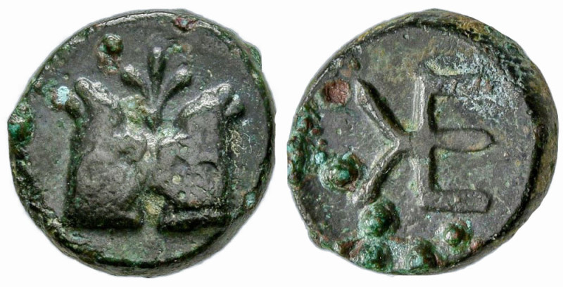 TROAS. Kebren. (Circa 420-412 BC)
AE Bronze (10.2mm 1.1g)
Obv: Confronted ram'...