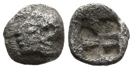 IONIA. Kolophon. (Circa 530/25-500 BC)
AR Tetartemorion (5.3mm 0.14g)
Obv: Archaic head of Apollo to left
Rev: Quadripartite incuse square punch.