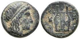 IONIA. Kolophon. (Circa BC 375-330)
AE Bronze (12.3mm 1.86g)
Obv: Head of Apollo right, wearing tainia.
Rev: Lyre