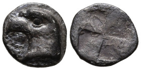 AEOLIS. Kyme. (Circa 480-450 BC).
AR Hemiobol (7.4mm 0.4g)
Obv: Head of eagle left.
Rev: Quadripartite incuse square.