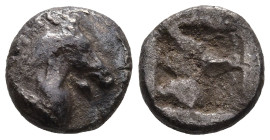 WESTERS ASIA MINOR. uncertain mint (Kyme?). (Circa 5th century BC)
AR Hemiobol (6.5mm 0.3g)
Obv: Head of horse right
Rev: Quadripartite incuse square.