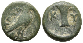 AEOLIS. Kyme. (Circa 320-250 BC).
AE Bronze (10.54mm 1.28g)
Obv: Eagle standing right with closed wings.
Rev: K - Y. One-handled cup.