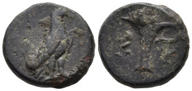 AEOLIS. Kyme. (Circa 320-250 BC).
AE Bronze (10.2mm 1.22g)
Obv: Eagle standing right with closed wings.
Rev: K - Y. One-handled cup.