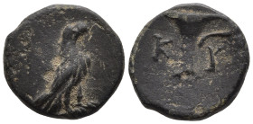 AEOLIS. Kyme. (Circa 320-250 BC).
AE Bronze (10.6mm 1g)
Obv: Eagle standing right with closed wings.
Rev: K - Y. One-handled cup.