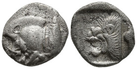 MYSIA. Kyzikos. (Circa 450-400 BC).
AR Diobol (9.9mm 1.01g)
Obv: Forepart of boar left; to right, tunny upwards.
Rev: Head of lion left within incu...