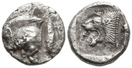 MYSIA. Kyzikos. (Circa 450-400 BC).
AR Diobol (10.7mm 1.08g)
Obv: Forepart of boar left; to right, tunny upwards.
Rev: Head of lion left within inc...