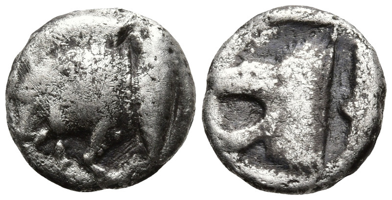 MYSIA. Kyzikos. (Circa 450-400 BC).
AR Diobol (9.3mm 0.89g)
Obv: Forepart of b...