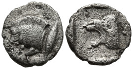 MYSIA. Kyzikos. (Circa 450-400 BC).
AR Diobol (11.3mm 1.06g)
Obv: Forepart of boar left; to right, tunny upwards.
Rev: Head of lion left within inc...