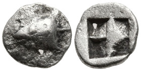 MYSIA. Kyzikos. (Circa 520-480 BC).
AR Obol (8.8mm 0.54g)
Obv: Head of tunny right, swallowing another fish
Rev: Quadripartite incuse square.