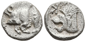 MYSIA. Kyzikos. (Circa 450-400 BC)
AR Obol (9.2mm 0.82g)
Obv: Forepart of boar left; tunny to right.
Rev: Head of roaring lion left; retrograde K i...